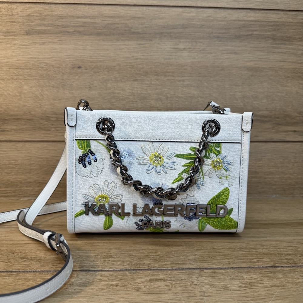 NWT KARL LAGERFELD WHITE SAVOIE FLORAL DAISY SEQUIN MINI CROSSBODY SATCHEL BAG